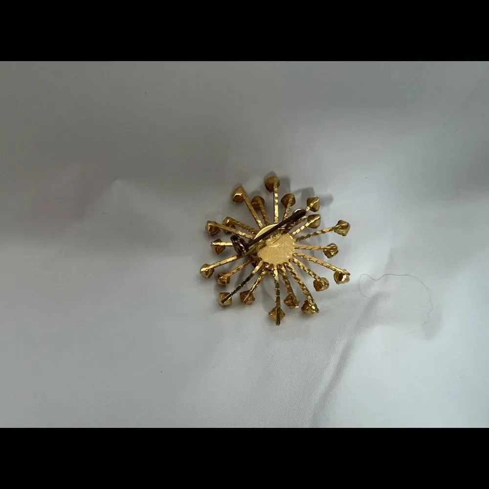 Vintage Rare Boho Fashion Brooch Gold Tone Green Rhinestones